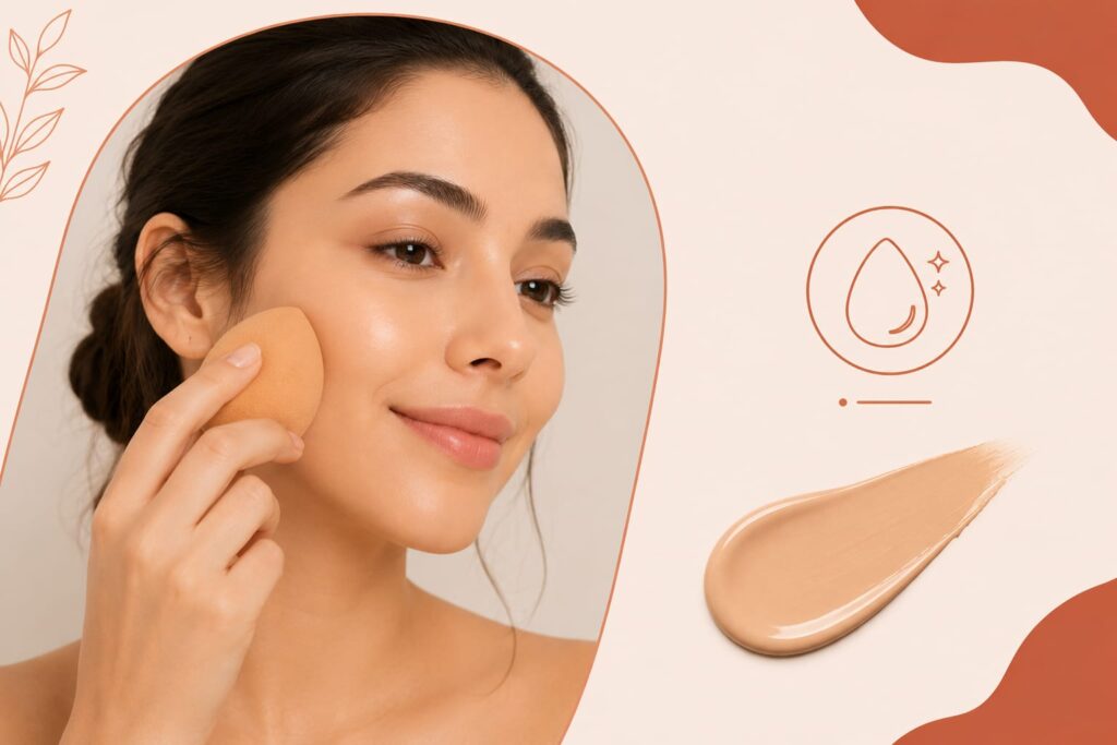 Applying foundation using damp beauty sponge for natural finish