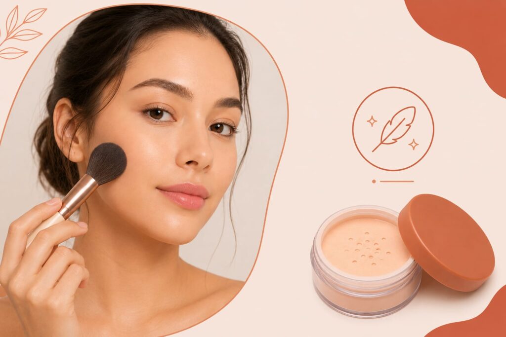 Light setting powder application for dry skin makeup