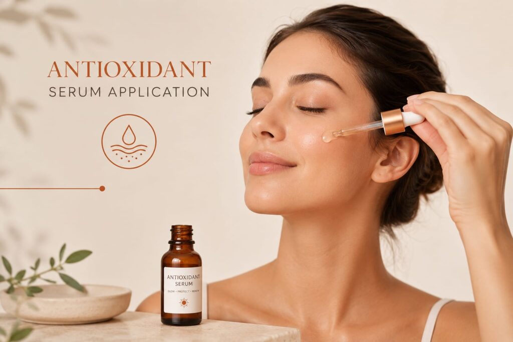 Applying antioxidant vitamin C serum for bright and glowing skin