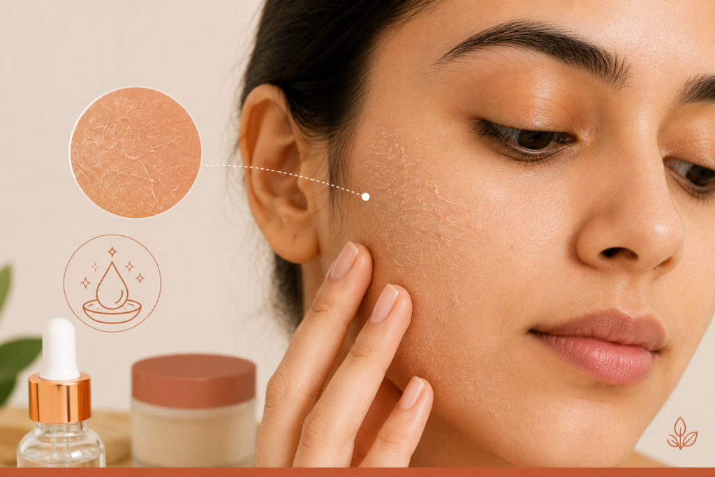 Dry flaky skin texture with hydration visuals.