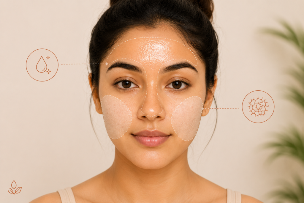 Face diagram showing oily T-zone and dry cheeks