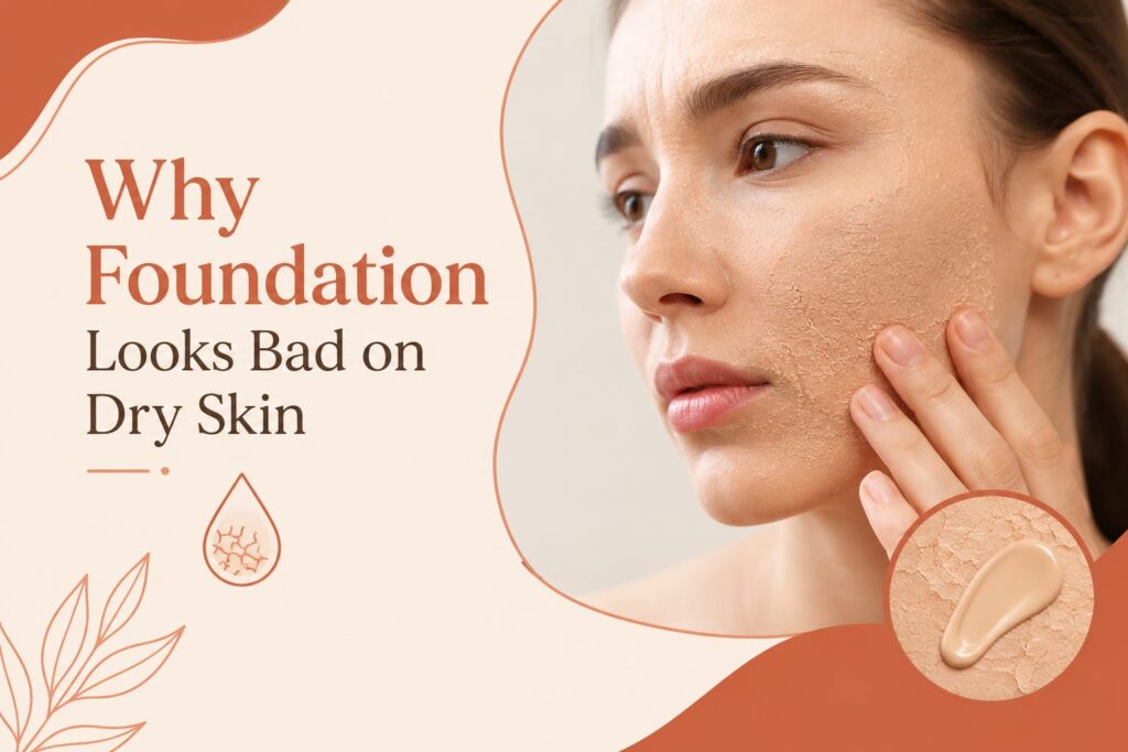Patchy foundation on dry skin compared with hydrated smooth makeup