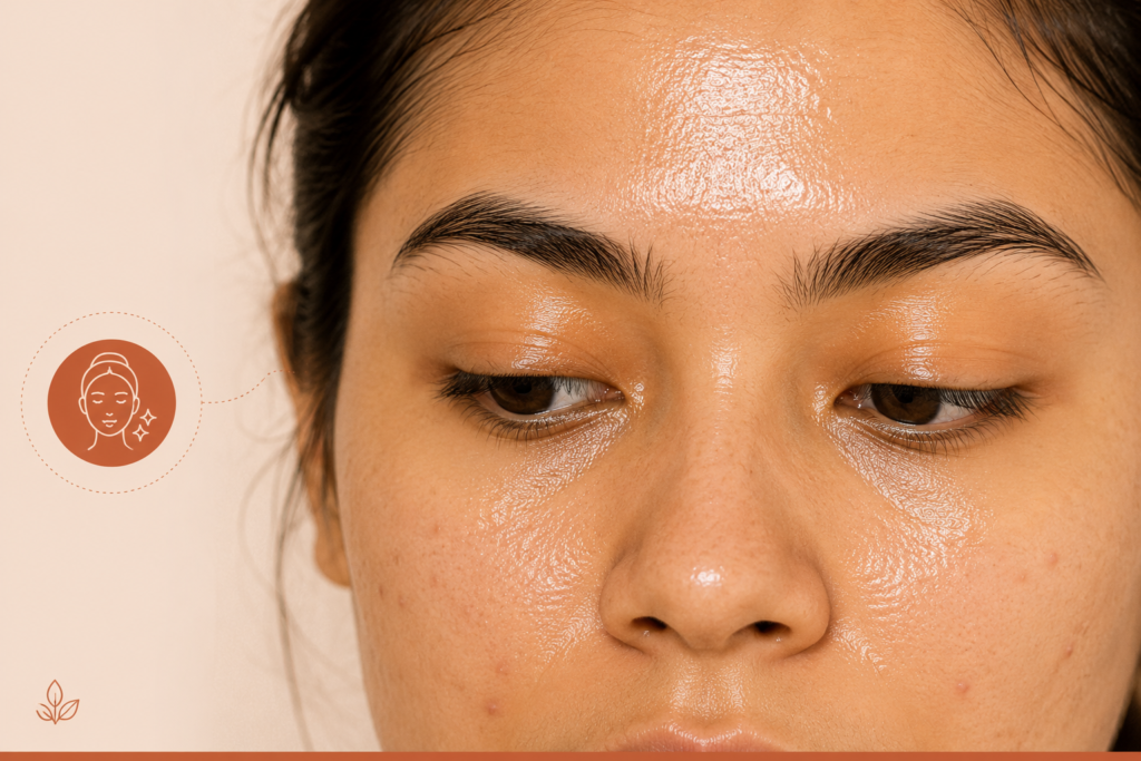 Close-up of shiny oily skin or acne-prone T-zone.