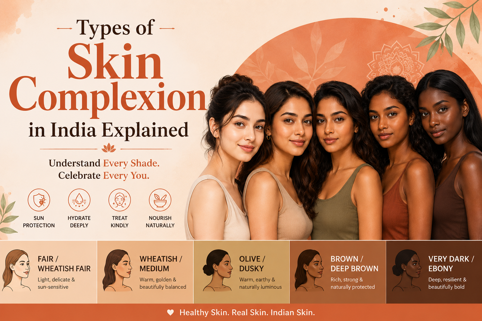 Diverse Indian women with different skin complexions ranging from fair to deep brown featured in an educational skincare infographic titled “Types of Skin Complexion in India Explained” with warm earthy tones and Indian beauty aesthetics