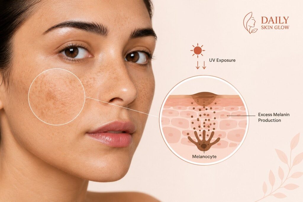 Melanin buildup causing brown spots on skin