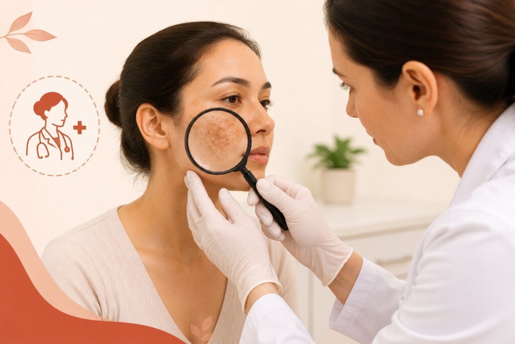 Dermatologist checking facial pigmentation