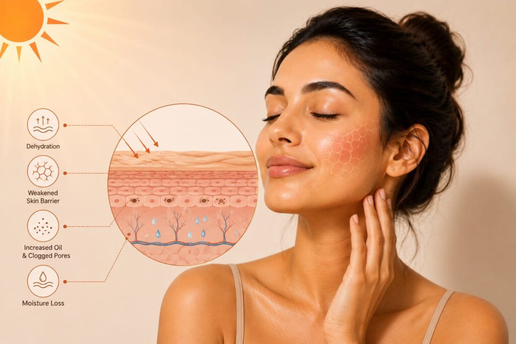 Woman with glowing skin in warm summer sunlight beside a skin-layer infographic showing dehydration .