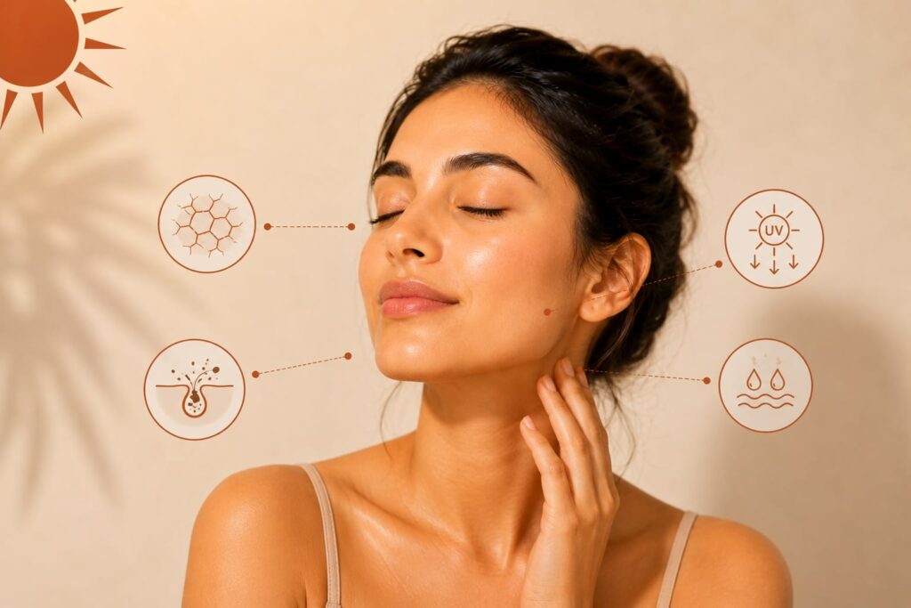 Women with glowing skin in warm summer sunlight surrounded by minimal skincare icons showing UV exposure, dryness, oiliness, and moisture loss during summer.
