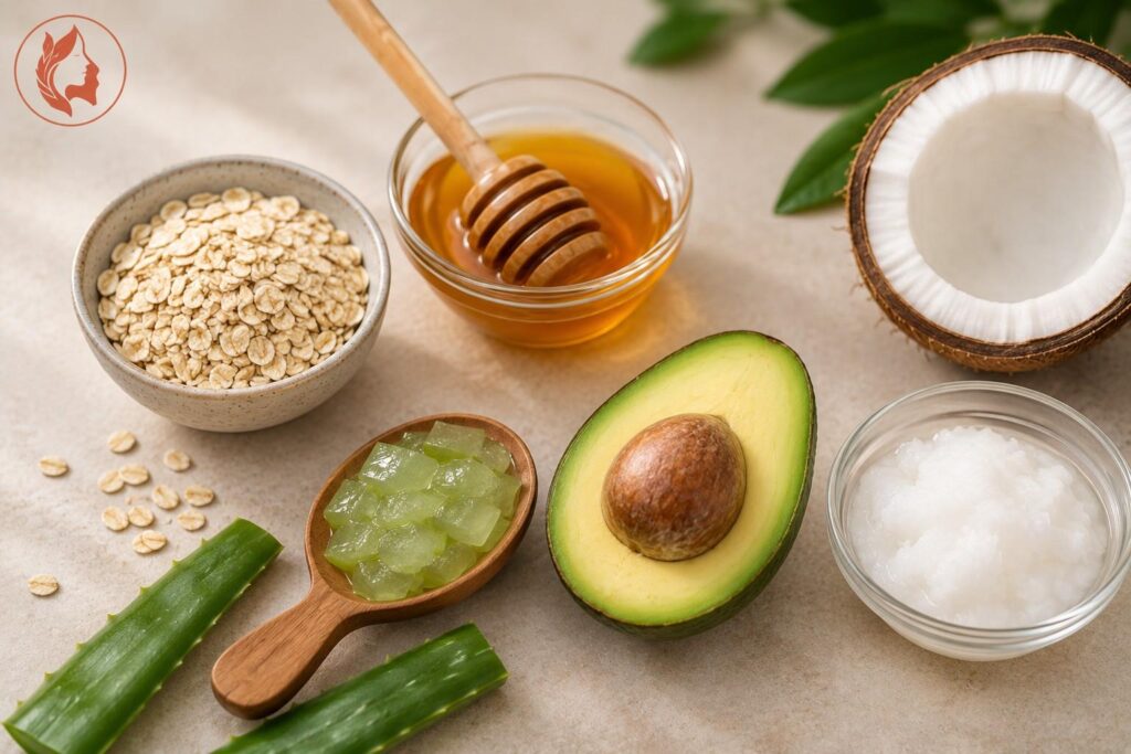 best natural ingredients for dry skin including honey oats aloe vera avocado and coconut oil