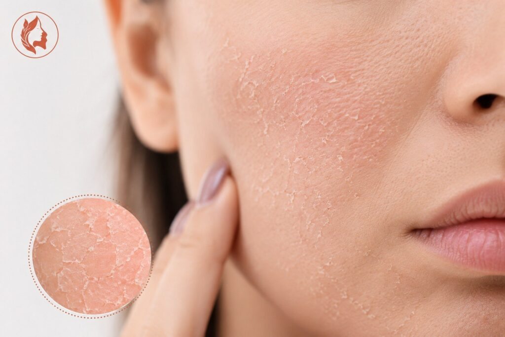 close up of dry flaky skin on face showing tightness and dehydration