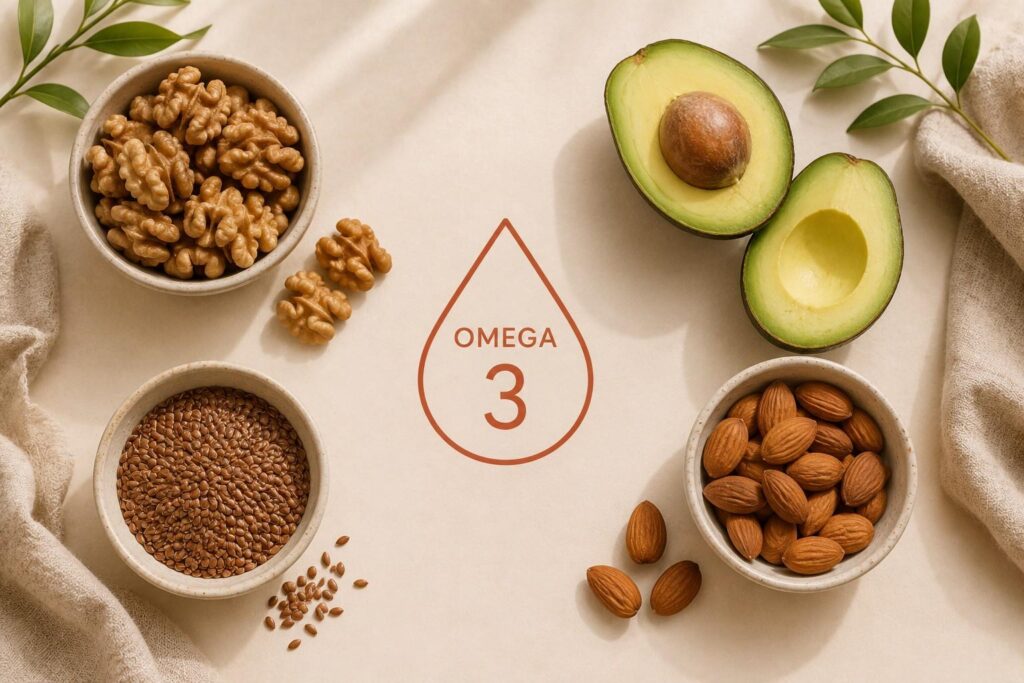 omega 3 rich foods for dry skin including walnuts avocado flaxseeds and almonds