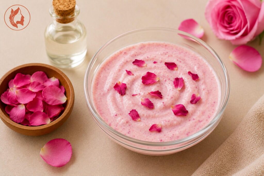 rose petals and glycerin face pack for dry skin in glass bowl
