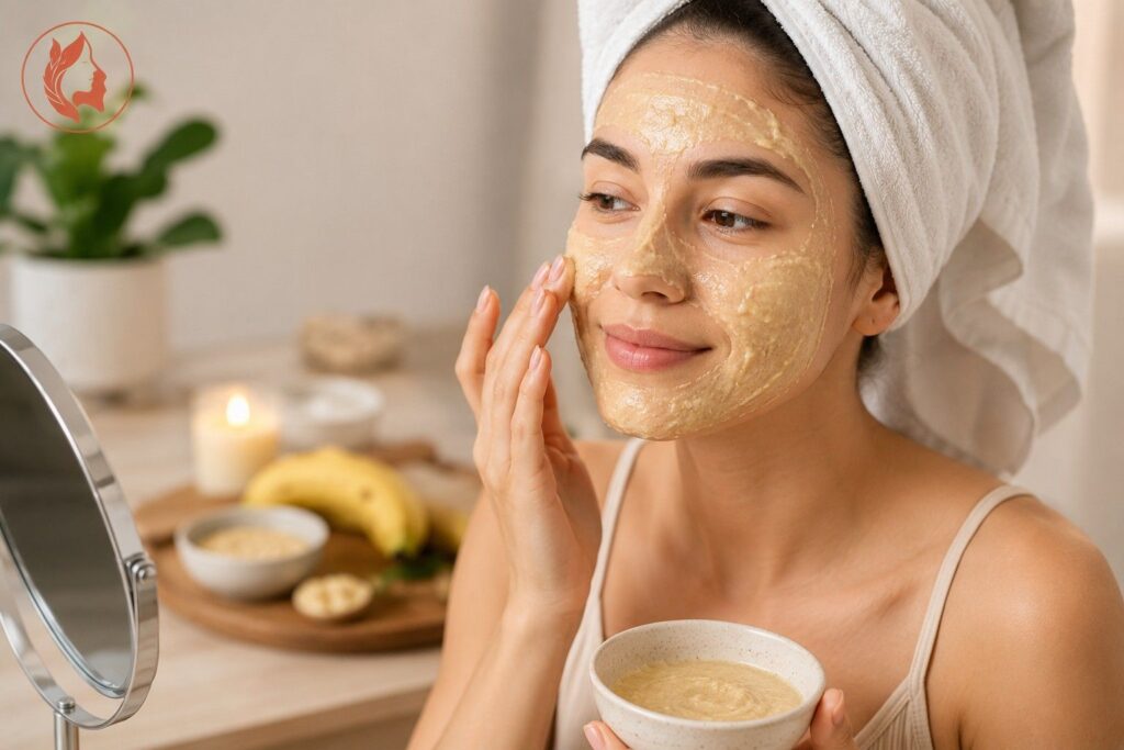 woman applying homemade face pack on dry skin at home natural skincare routine