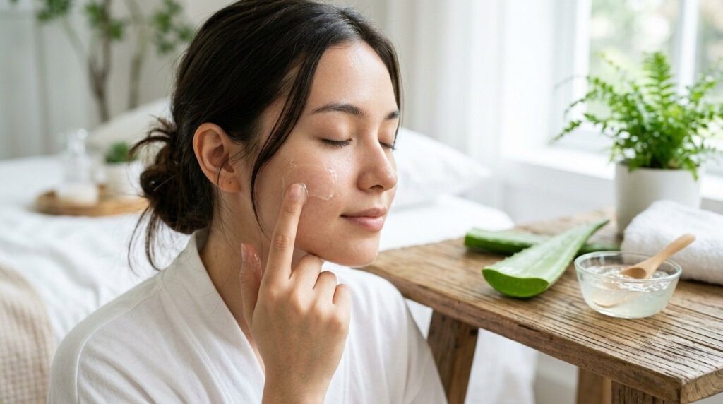 Fresh aloe vera gel being applied to soothe sensitive skin.