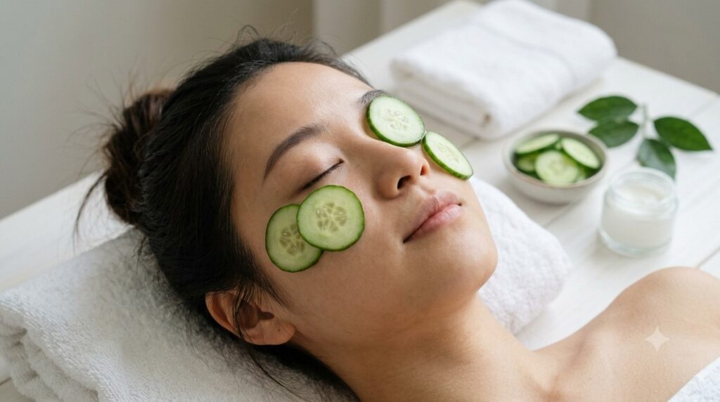 Fresh cucumber slices used as a soothing home remedy for sensitive skin.