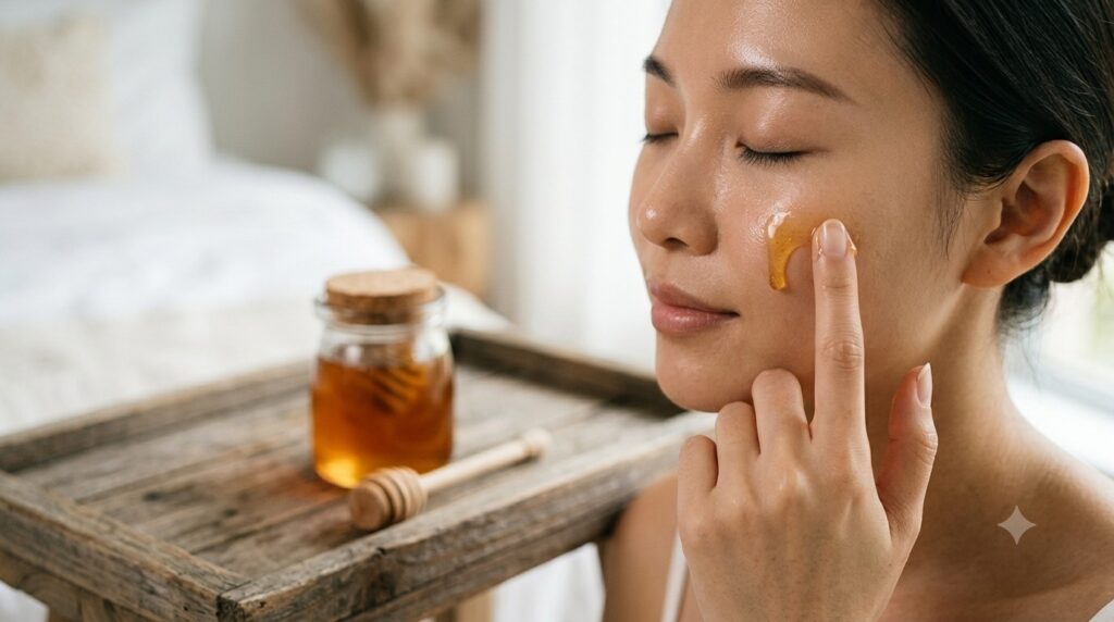 Raw honey being applied as a natural home remedy for sensitive skin.