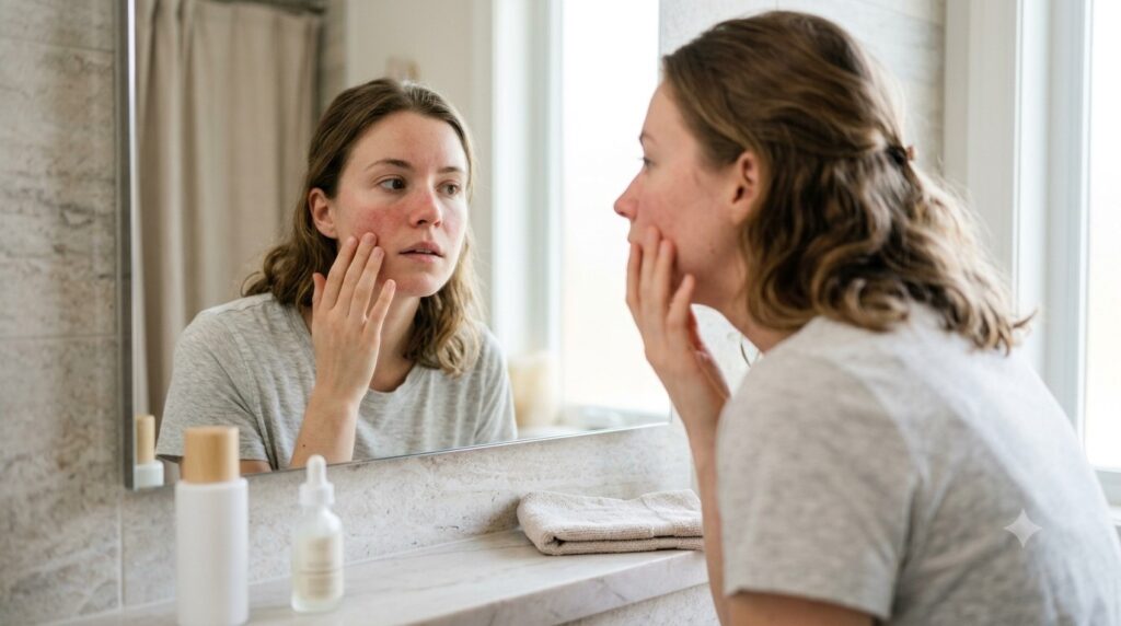 Woman with sensitive skin checking mild facial redness in a mirror.