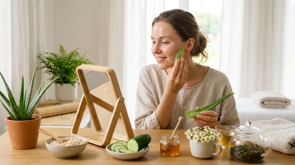 Woman using gentle natural home remedies to soothe sensitive skin.